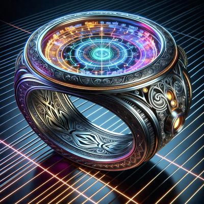 The primary subject of the image is a ring with a unique design. The ring features a blue and purple color scheme, giving it a futuristic and modern appearance. The ring is placed on a surface that appears to be a patterned background, which adds to the overall visual style of the image. The colors and mood of the image suggest a sense of innovation and creativity, as the ring stands out against the patterned background.